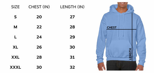 Size and dimensions of Gildan hoodie sizing.